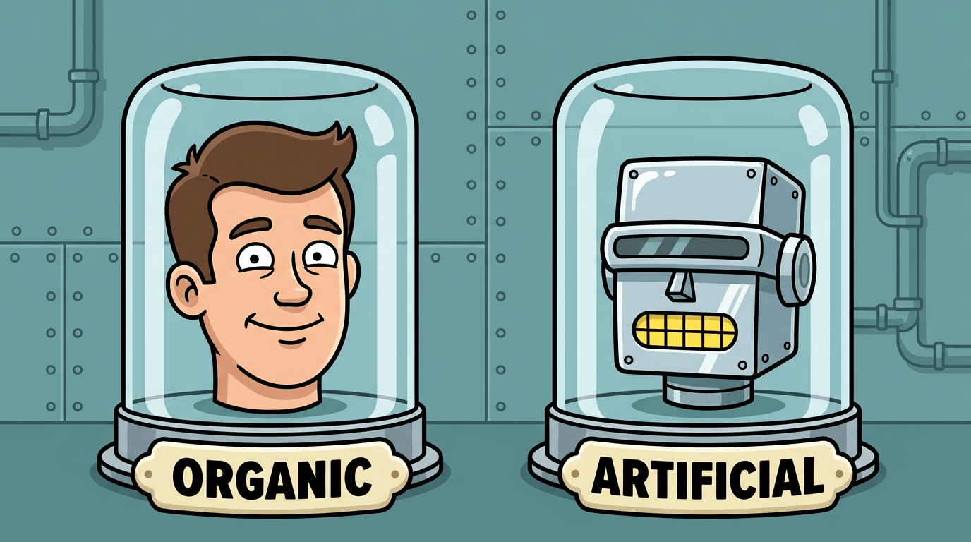 Two cartoon heads side by side — an organic human head with a visible brain, labelled ORGANIC, and a robot head with exposed circuitry, labelled ARTIFICIAL — on a teal riveted industrial background