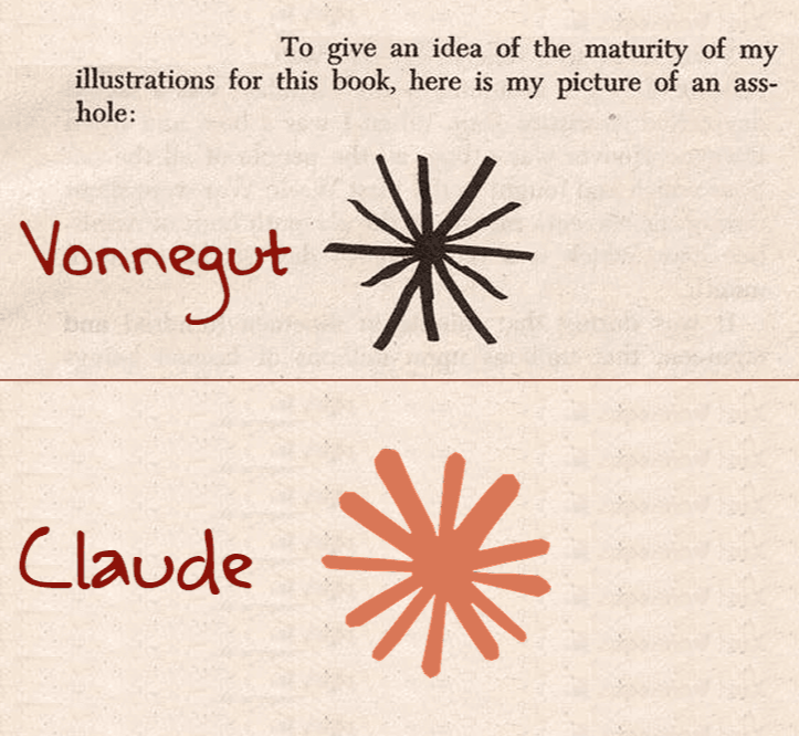Side-by-side comparison between a Kurt Vonnegut drawing from Breakfast of Champions and Claude's logo